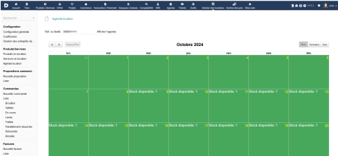 Exemple d'agenda de location pour un produit donné dans le module DoliRent pour Dolibarr