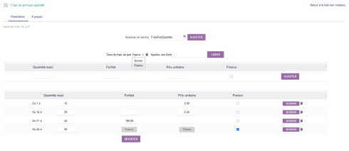 copie d'écran de la configuration du module frais de port par quantité : création des zones